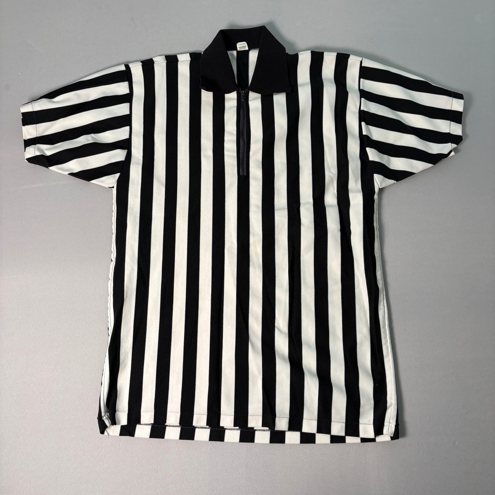 Vintage Russell Southern Co Referee Jersey Mens L Black White Striped Zip Nylon